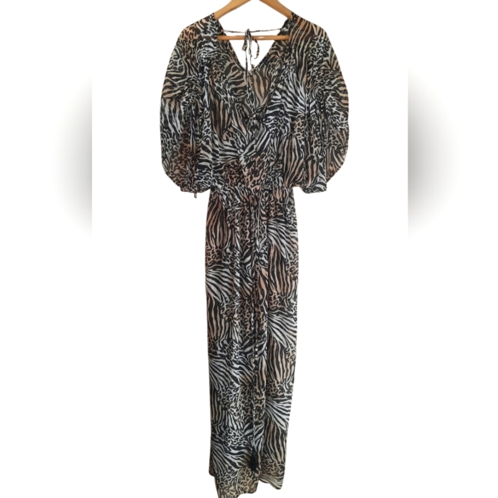 Rachel Zoe Sheer Animal Print Zebra Maxi Dress Puff Sleeve Tie Waist